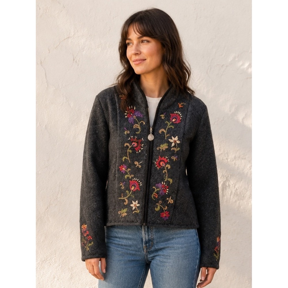 Icelandic Design Wool Embroidered Floral Jacket Nordic Folk Art Cottagecore Sz M